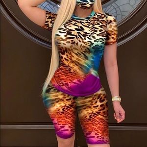 Cheetah Print Top With Face Bandana & Shorts Set